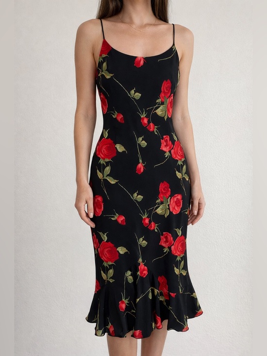 Vintage Dresses & Skirts - Jessica Black Slip Midi Dress with Red Rose Print chic romantic style 90's 12